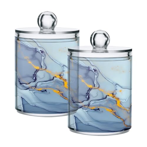 Mnsruu 4 Pack Qtip Holder Organizer Dispenser Teal Blue Marble Bathroom Containers Bathroom Vanity Storage Canister Apothecary Jars for Cotton Swabs/Pads/Floss