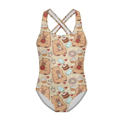 Image of Girls One Piece Swimsuits Summer Quick Dry Crewneck Beach Bathing Suit Cross Shoulder Strap Swimwear 5-14 Years