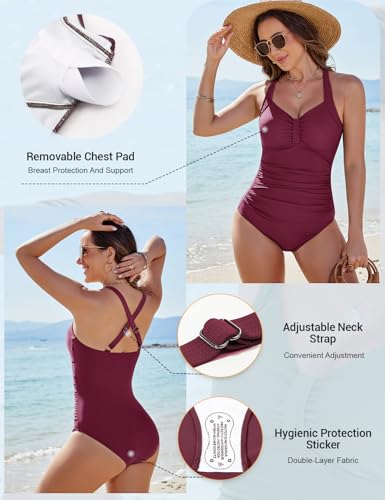 Nadeer Badeanzug Damen Bauchweg Große Größen Badeanzüge High Waist Push Up V Ausschnitt Bademode Shape One Piece Swimsuits Sport(Violett Rot,M) 5