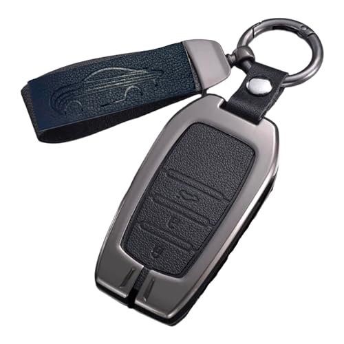 Image of Zinc Metal Alloy Leather Car Key Cover & Case Black with Keychain & Holder Compatible for Toyota Fortuner, Legender, Innova Crysta, HyCross, Land Cruiser, Hilux (3 Button Push Smart Key)