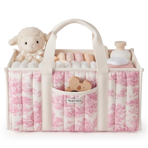 Image of Blissful Diary Toile Diaper Caddy Organizer, Stylish Nursery Storage Basket, Gift for Baby Shower, Newborn Essentials, Registry Search Must Haves, Pink Toile