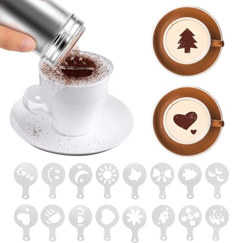 Image of Supvox Barista Latte Art Kit with 600ml Steel Milk Frothing Pitcher, Coffee Frother Mug, Art Pen, Powder Shaker & 16 Pattern Stencils Premium Coffee Accessories Set