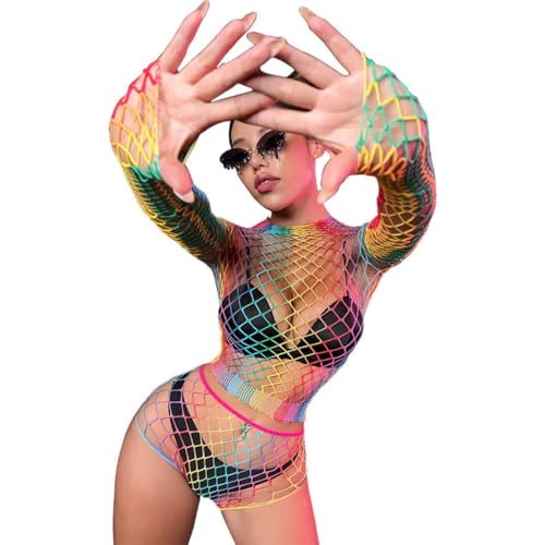 V-Ting Regenbogen Rave Festival Outfit Damen Netz Dessous-Sets Sexy Lingerie Fischnetz Hohle Spaß-Perspektive Durchsichtige Langärmelige Fischnetz...