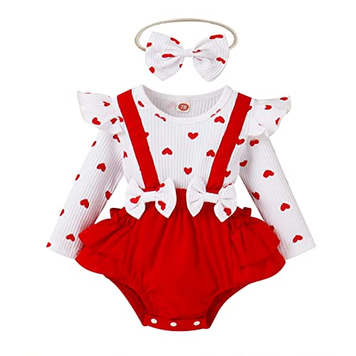 JLKGICF Infant Baby Girl Valentine 's Day Outfit Long Sleeve Top Love Heart Suspender Shorts Skirt Headband Clothes Set (Romper,0-3 Months)