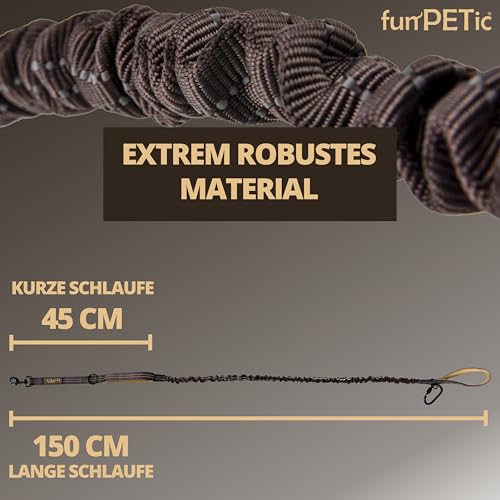funPETic Hundeleine elastisch – Anbinden möglich, Zwei Griffe, reflektierend, für große und mittelgroße Hunde - braun