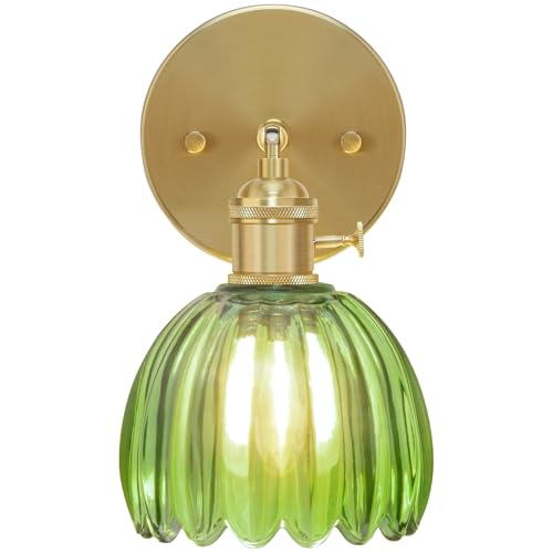 Image of NIORSUN Wall Sconce with Green Glass Lampshade, 180 Adjustable Vintage Wall Sconce with 3000K Edison Bulb, Hardwired Tulip Sconces Wall Lighting with Switch for Bedroom Bathroom Hallway Living Room