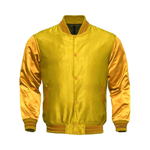 Men;s Varsity Letterman Saitn Body And Gold Sleeves Bomber Style Baseball College All Color Jacket