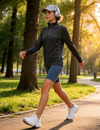 Terecey Sportshirt Damen Langarm 1/4 Reißverschluss Funktionsshirt UPF 50+ Langarmshirt Atmungsaktiv Fitness Sport Tshirts fur Yoga Tennis Läuft, Tintenschwarz L