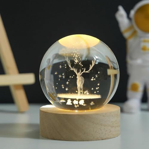 Image of Crystal Ball Lamp with Wooden LED Base | Engraved 3D Moon & Stars Night Light | USB Rechargeable Home Decor | Birthday Gift for Teens, Boys & Girls (3D Deer Lamp)