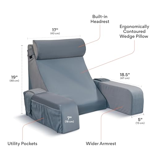 FOVERA Reading Pillow with Arm Support & Headrest | Backrest Pillow for Bed | High-Resilience Foam Bed Back Support Pillow for Reading, Working & Relaxing | Removable Velvet Cover (Grey)