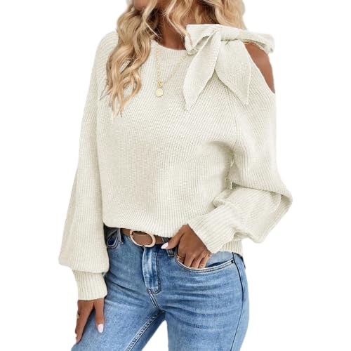 Women’s Off White Cold Shoulder Knit Top with Bow Accent,