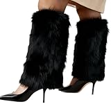 A JINDALAI Women's Faux Fur Fluffy Leg Warmers Fuzzy Long Boot Costume Covers Furry For Christmas Halloween (Black)