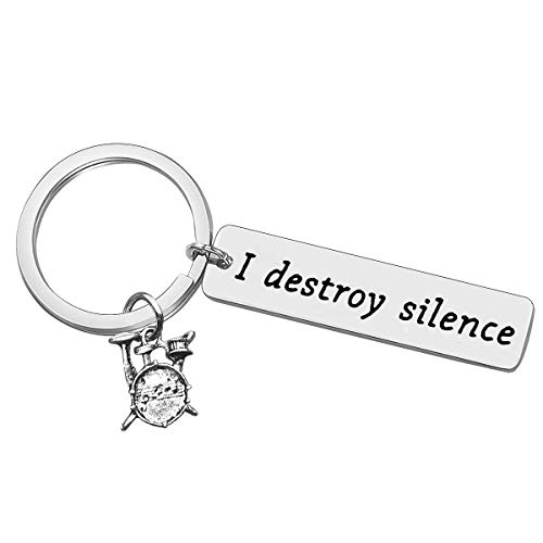 Drum Kit Keyring Gift Drummer Keyring Funny Drummer Musician Gift I I Destroy Silence Keychain Drum Charm Keyring Drum Player Band Gift Musician Keychain Percussion Keyring for Men Women Boys Girls