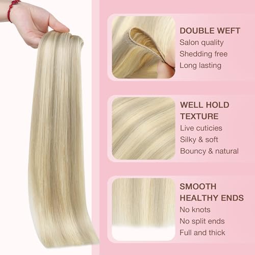 Image of GOO GOO Sew in Hair Extensions Real Human Hair, Weft Hair Extensions Human Hair, 17A /60A Ash Blonde Highlighted Platinum Blonde 22inch 110g, Weft Bundles Straight Silky Remy Hair