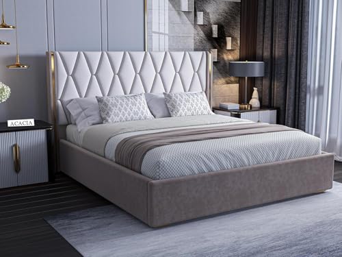 Image of Modern Upholstered Queen Size Bed with Hydraulic Storage for Bedroom | Wooden Double Beds for Home & Hotels | Platform Cot Bed with Upholstery Fabric, 6.5 x 5 Ft | Sheesham, White-Brown