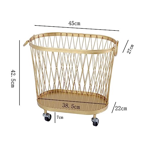Metal Square Storage Cart with Wheels and Handles, Gold Storage Cart, Hollow Basket for Dirty Clothes in Laundry Room Bedroom 45x27x42.5cm