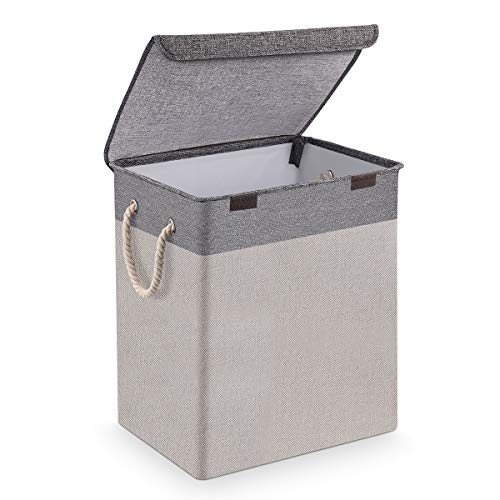 SAWAKE Laundry Basket with Lid, Large Linen Collapsible Laundry Hamper with Handles, Waterproof