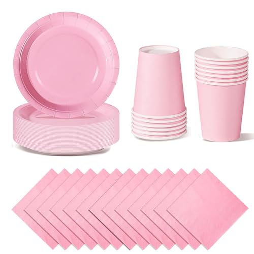 Daover 72pcs Pink Party Tableware Set Pink Paper Plates Cups and Napkins Party Supplies for Wedding Picnic BBQ Restaurant and Supplies Table Decorations
