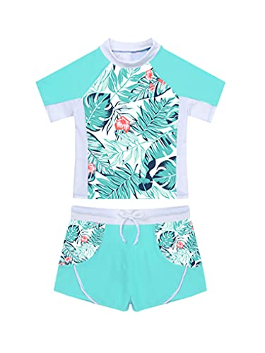 Hansber Kids Girls 2 Piece Rashguard Tankini Swimsuit Floral Short Sleeve Shirt with Boyshorts Bathing Suit