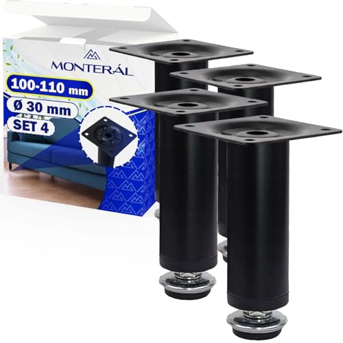 MONTERAL 4 Pezzi Piedini per Mobili Regolabili 100 mm Estensibili a 110 mm Profilo 61x61 mm Ø 30 mm - Piedini Regolabili per Mobili di Colore Nero Opaco Realizzata in Acciaio - Garanzia di 10 Anni