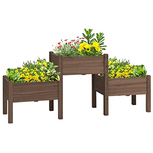 Outsunny Raised Garden Bed With 3 Planter Box, Freestanding Wooden Plant Stand With Drainage Holes, For Vegetables, Herb And Flowers, Coffee #TOP6