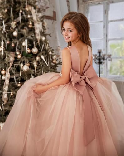 Sleeveless Flower Girls Satin Tulle Princess Pageant Dress for Wedding Kids Backless Ball Gowns with Bow-Knot4