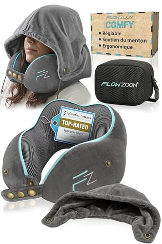 FLOWZOOM Comfy Coussin de Voyage à Capuche en Mousse à Mémoire de Forme pour Avion et Voiture – Oreiller pour Avion Réglable, Soutien à 360°, Housse en Peluche...