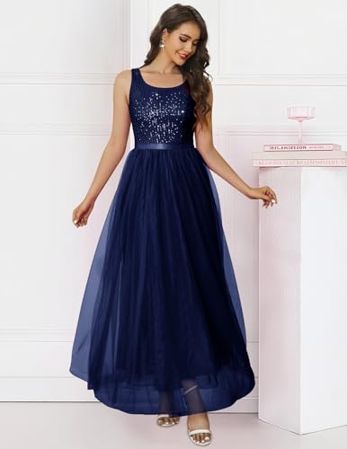 Image of BeryLove Sequin Dress for Woman Vintage A Line Wedding Formal Swing Mesh Dress Sleeveless Cocktail Maxi Gowns