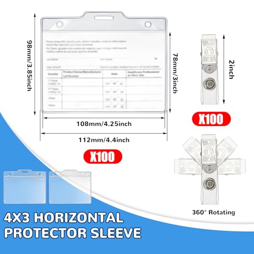 Image of 100 Set Name Tags with Clips Name Tag Holder for 4 x 3 ID Badge, Clear Waterproof Vinyl Plastic Sleeve Cover Horizontal Card Holder for Travel and Events