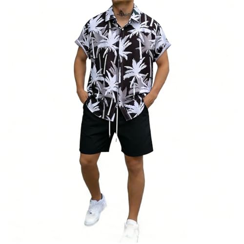 Generisch Traje de verano para hombre, manga corta, estampado hawaiano, ligero, informal, conjunto de camiseta y cintura elástica, pantalones cortos deportivos transpirables, cómodos, holgados