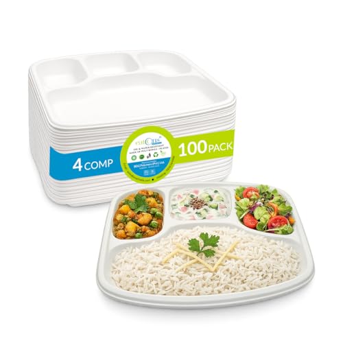 Image of EATONS | 4 Compartment Bagasse Meal Tray | 11 Inch - Pack of 100 | Disposable Plates Big Size | Sugarcane Paper Plates | Great for Events, Caterers & Buffet | Heavy Duty, Leakproof, Microwave Safe