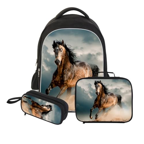 Durable School Backpack Horse Print Bookbag Lunch Cooler Bag Pencil Case