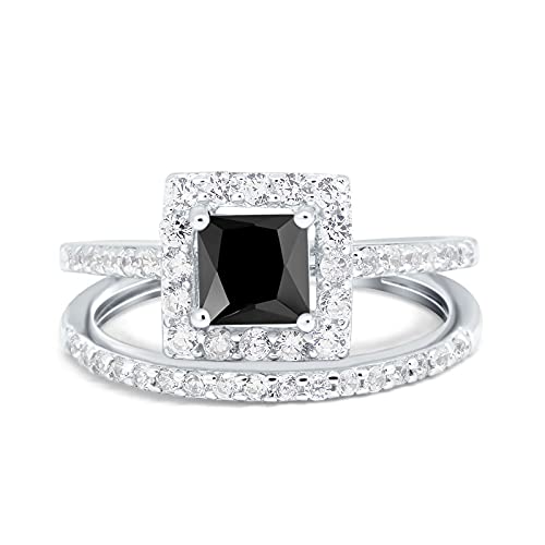 Blue Apple Co. Two Piece Halo Ring Band Bridal Set Princess Cut Round Simulated Cubic Zirconia 925 Sterling Silver