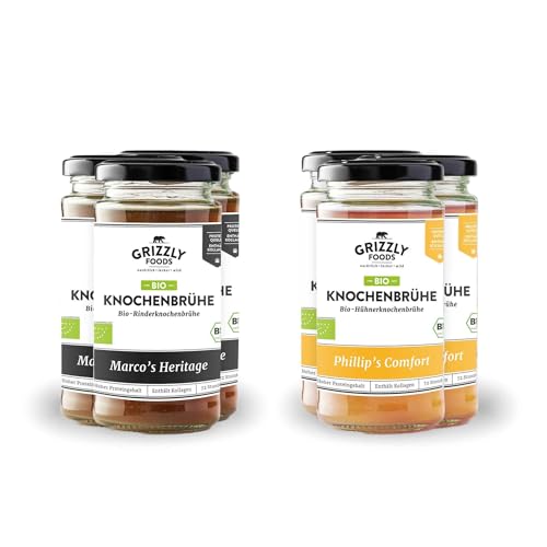 Grizzly Foods • BIO Knochenbrühe Rind & Huhn (6 x 240ml) • Mehr als 10g Kollagen pro Glas • 72 Stunden lang gekocht • 100% natürlich • Ohne Zucker, ohne Zusätze • Wertvolle Nährstoffe • Knochenbrühe
