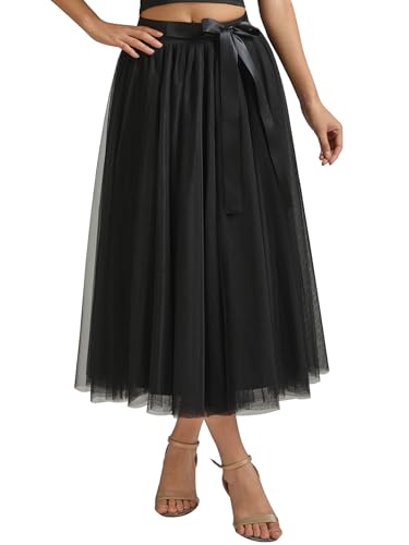 AiberLisha A line Tea Length Tulle Skirt for Party Prom Casual Wear Black S-M