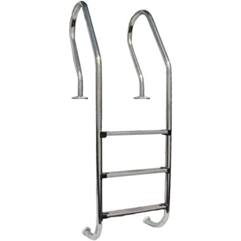 Gre 126674 - Scala di sicurezza per piscine interrate in legno - Acciaio inossidabile, gradini antiscivolo e sistema di sicurezza per bambini