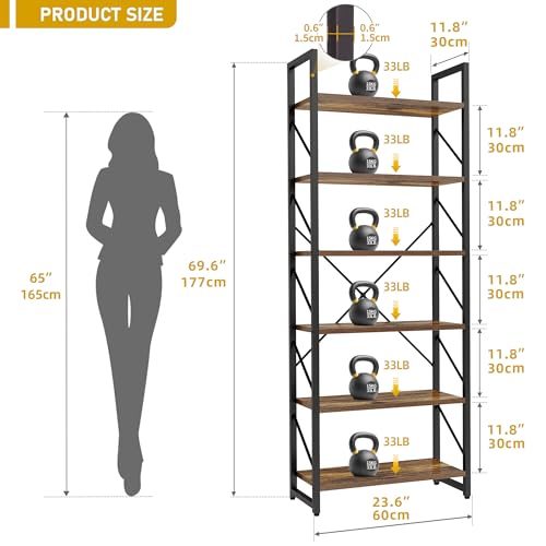 DWVO Industrial Book Shelf 6 Tier Bookshelf Tall Bookcase, Open Display Storage Rack Shelves for Living Room/Bedroom/Home/Office/Kitchen, Rustic Brown