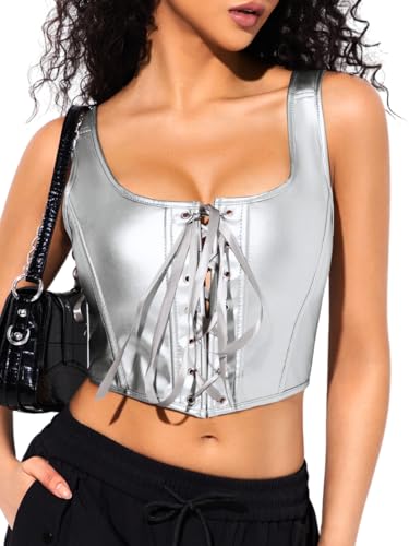 ChiaoLezhee Corset Corsets Top Tops For Women Womens Plus Size Renaissance Fair Faire Ren Lace Up Sexy Faux Leather Vintage Silver Medium