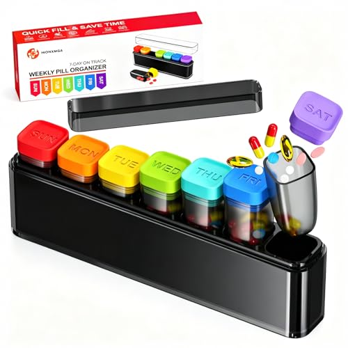 Image of Weekly Pill Organizer 1 Time a Day, HIONXMGA Portable Travel Pill Box 7 Day | Large Medicine Pill Case Container for Daily Medication Vitamin Supplement Fish Oil, Portable Week Pills Holder, Black