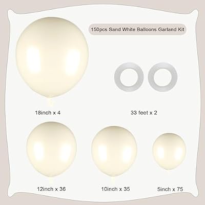150pcs Sand White Balloons Different Sizes Pack, 18 12 10 5 Inch Party Balloon Garland Arch Kit Birthday Baby Shower Anniversary Wedding Boho Party Decorations(With 2 Ribbons)
