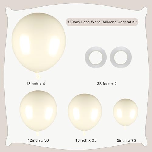 Image of 150pcs Sand White Balloons Different Sizes Pack, 18 12 10 5 Inch Party Balloon Garland Arch Kit Birthday Baby Shower Anniversary Wedding Boho Party Decorations(With 2 Ribbons)