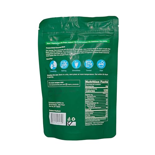 Copra Young Thai Chunky Coconut Meat (Feeze-Dried Meat). 1 UNIT. 100% Natural, Non-GMO, Vegan, Organic, and Gluten-Free Snack