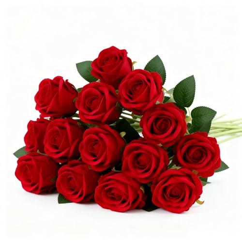 JIXUAN Artificial Red Roses 12 PCS with Long Stems Festive Deco