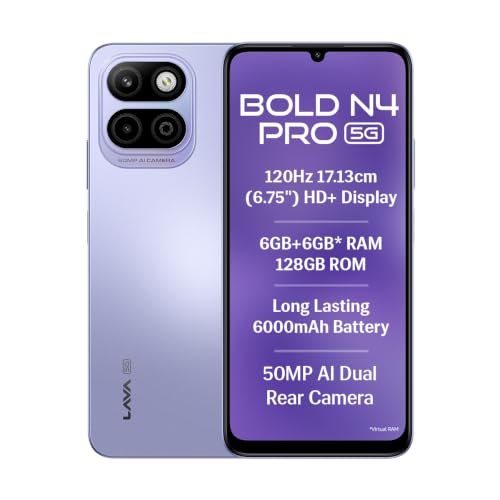 Image of Lava Bold N4 Pro 5G (Opulent Lilac, 6GB RAM, 128GB Storage) | 50MP AI Rear Camera | 6000mAh Battery with 18W Fast Charge | 500K+ Antutu | IP64 Rated |Clean Android 16 | Free Service @ Home