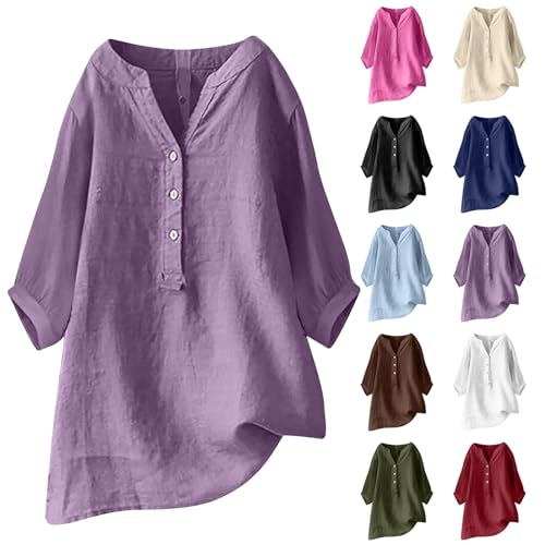 Blusa de muselina para mujer, de manga corta, manga 3/4, tallas grandes, blusa de lino, blusa de lino, blusa de verano, cuello en V, blusa larga de lino, camiseta larga de lino, túnica, Vino, XXL