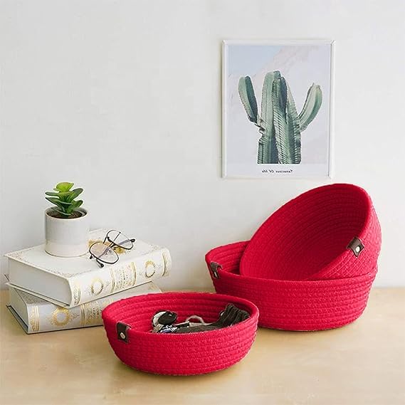 Image of Handmade Jute Cotton Storage Baskets Set of 3 for Dining Table, Fruit Basket & Roti Bowl, Cane Style Organizer for Kitchen, Home Decor, Washable Multipurpose (Red)