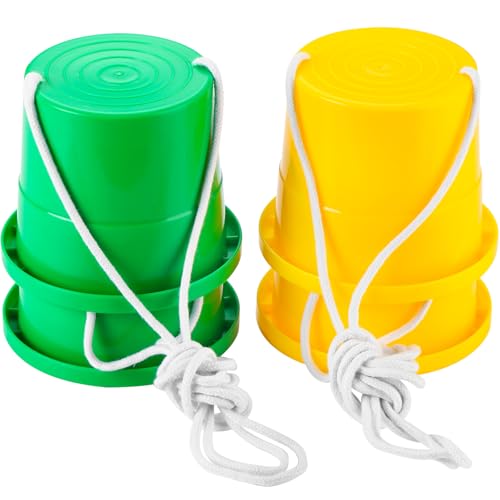 Meooeck 2 Pairs Walking Stilts Balancing Bucket Cup Thickened Plastic Stilts with Adjustable Rope for Kid Balance Coordination Birthday Playground Game Party Favor(Yellow Green)
