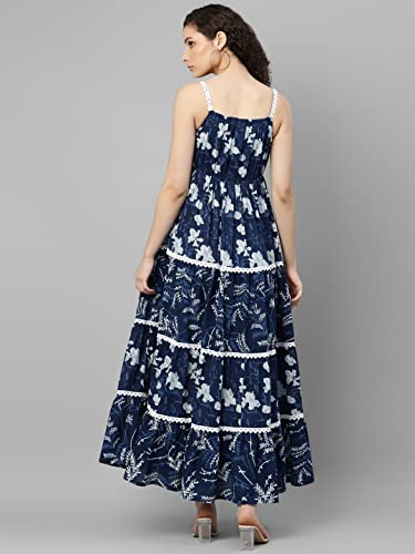 Image of DEEBACO Women's Color Block Print Cotton Maxi Length Tiered Dress for Women|One Piece Straps Shoulder Sleeveless Casual Western Fit and Flared Dresses for Ladies Wear Outfits (DBDR00000714B White)