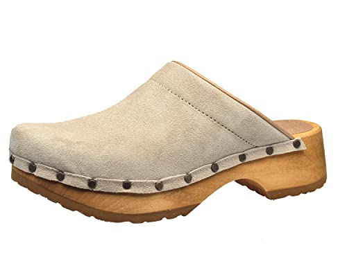 Sanita Cho Chunky Clog | Original handgemacht | Leder-Holzclogs für Damen | Beige | 37 EU