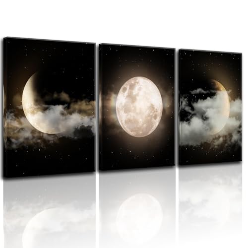 Yxbhhym Black and White Bathroom Wall Art Moon Artwork Modern Canvas Prints Painting Lunar Poster Abstract Pictures for Living Room Bedroom Decor Framed Office Home Decorations